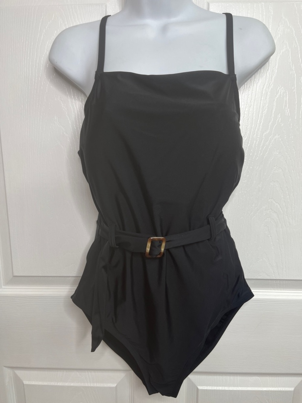 Black Retro Modest Swimsuit One Piece with Tortoise Shell Belt Size Large